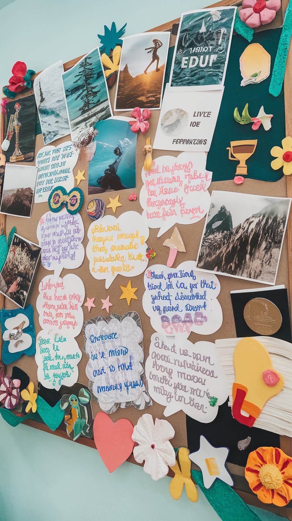 A colorful vision board filled with images, quotes, and affirmations for motivation.