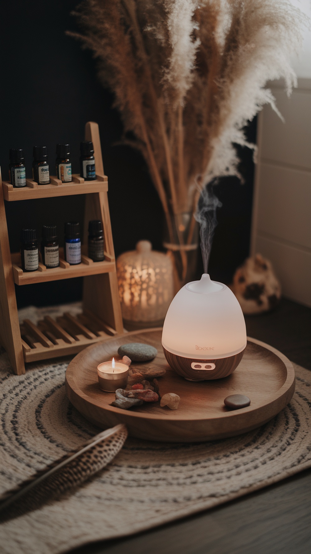 A cozy bathroom setup with a diffuser, essential oils, and candles, creating a spa-like atmosphere.
