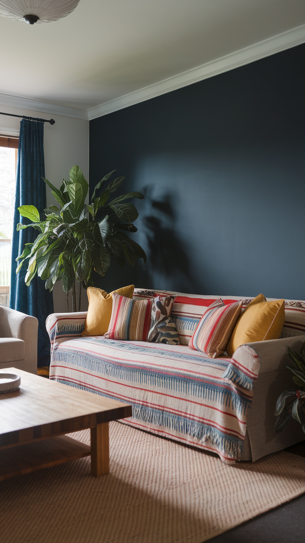 A cozy living room with a striped sofa adorned with colorful throw pillows.