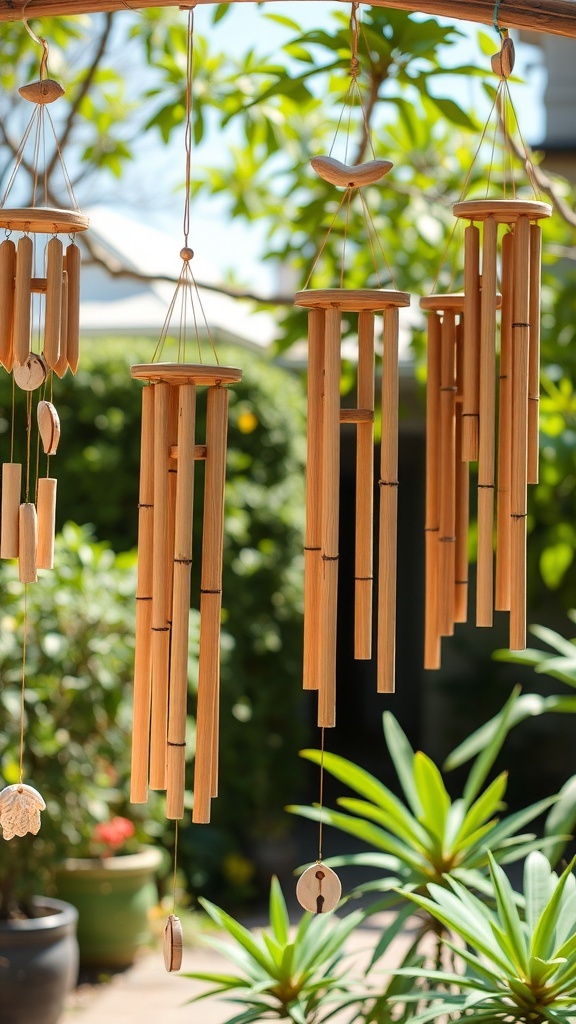 Bamboo wind chimes hanging in a garden, surrounded by green plants.