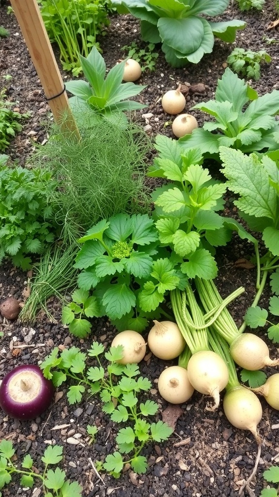 A variety of herbs and vegetables in a garden bed, including cilantro, dill, onions, tomatoes, and peppers.