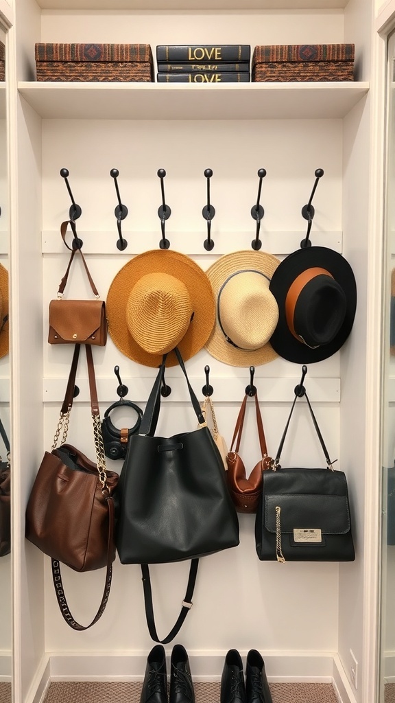 A closet with hooks displaying bags and hats, showcasing an organized clothing storage solution.