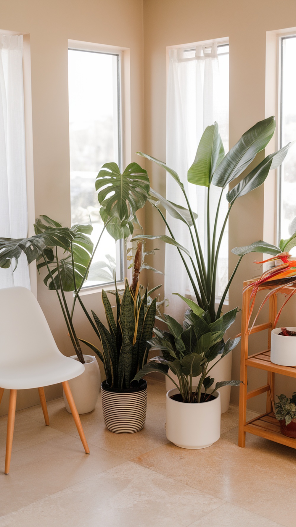 A bright room with various indoor plants and a white chair.