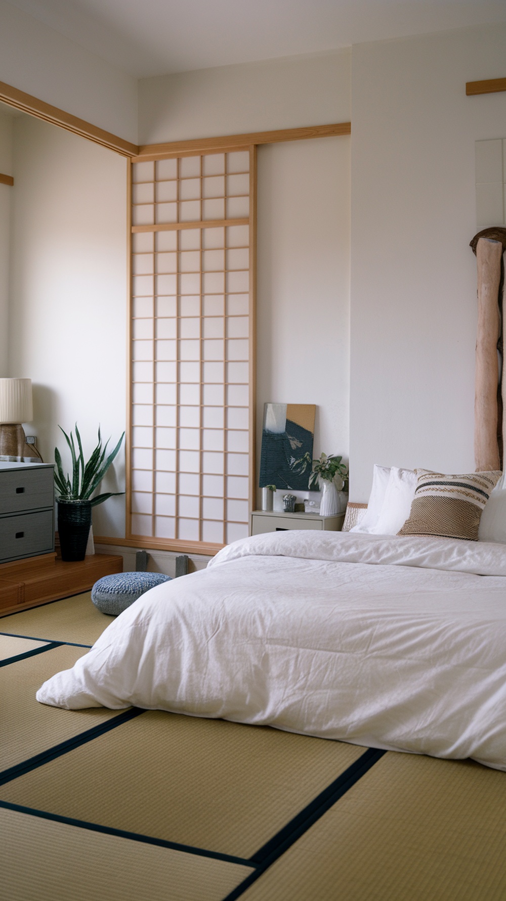 A serene Japandi bedroom featuring tatami flooring, a low bed, and a shoji screen.
