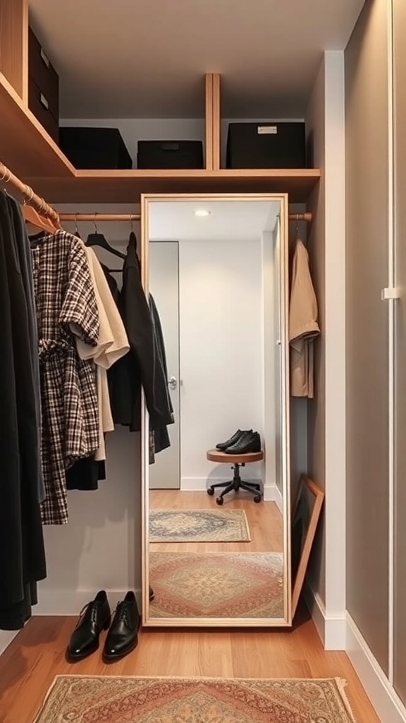 A stylish closet featuring a full-length mirror, organized shelves, and shoes.