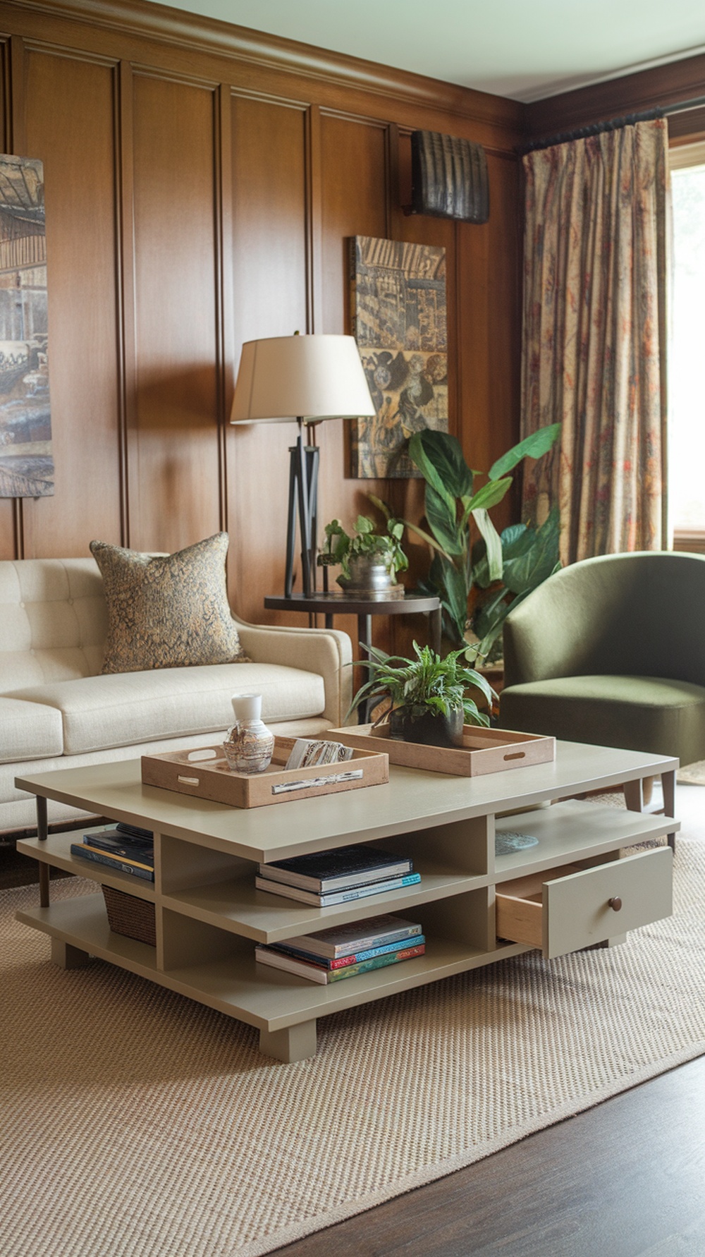 A stylish living room featuring a multi-functional coffee table with shelves and a drawer, surrounded by comfortable seating and plants.