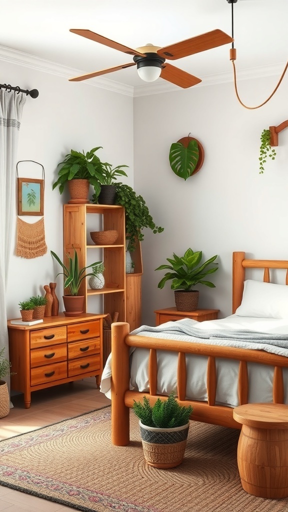 Cozy bedroom with wooden furniture and plants