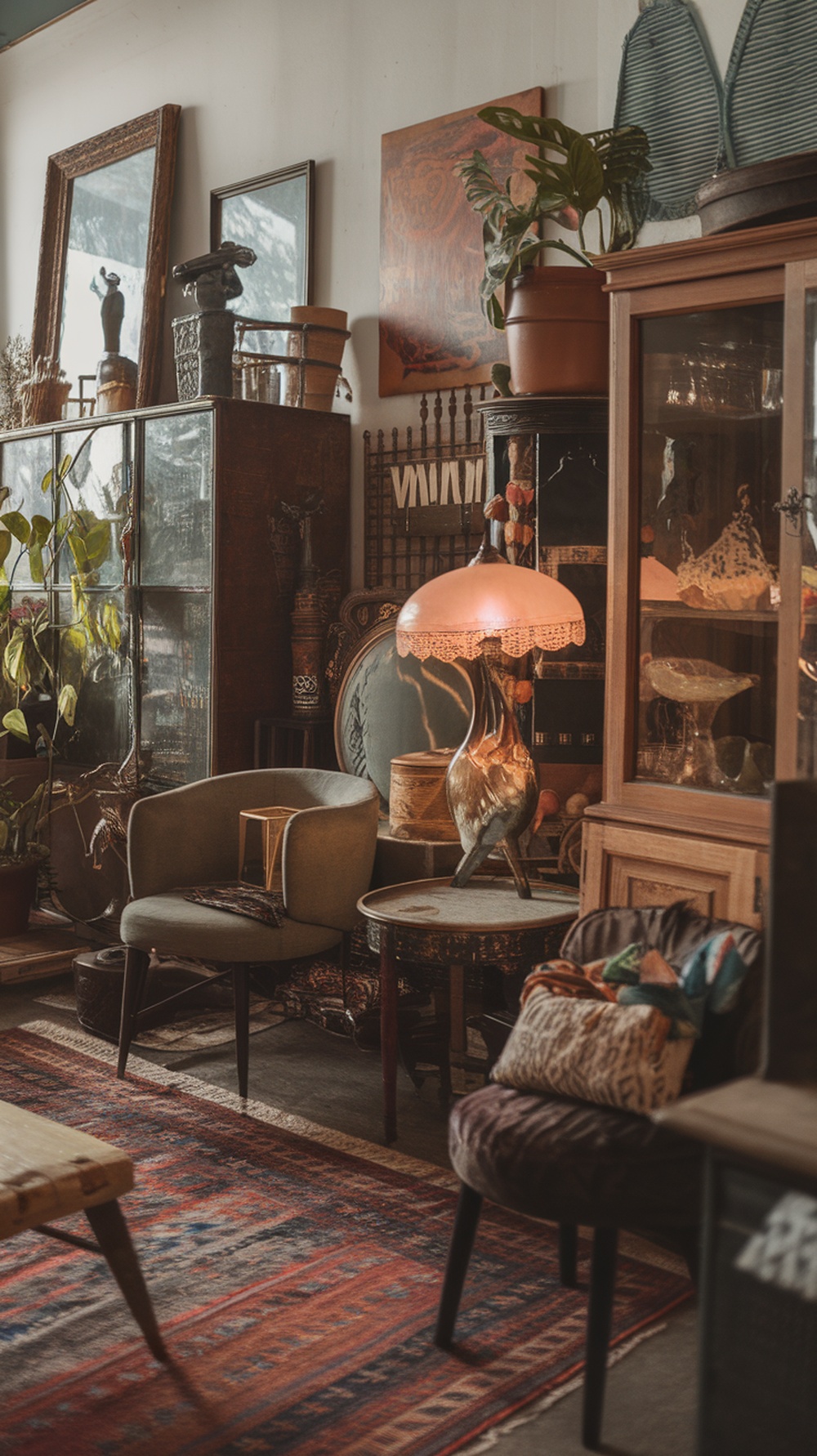 A cozy vintage decor setup featuring plants, wooden furniture, and eclectic decor elements.
