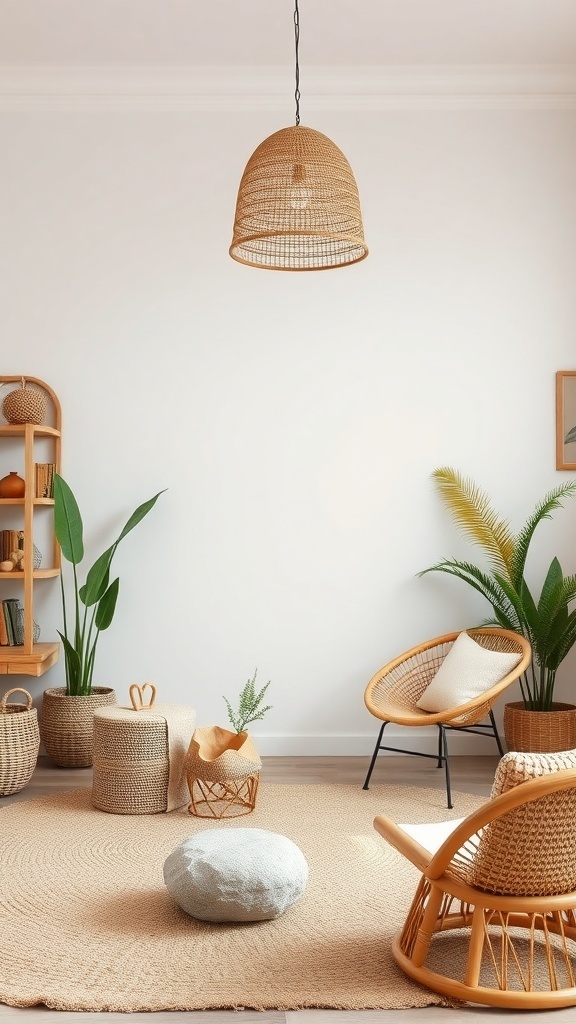 A cozy boho office featuring rattan furniture, woven baskets, and a jute rug.
