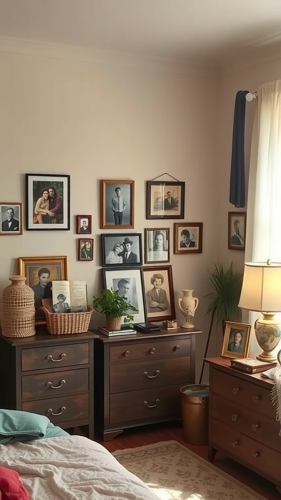 A cozy bedroom corner featuring a wall of framed photographs, a lamp, and decorative items.