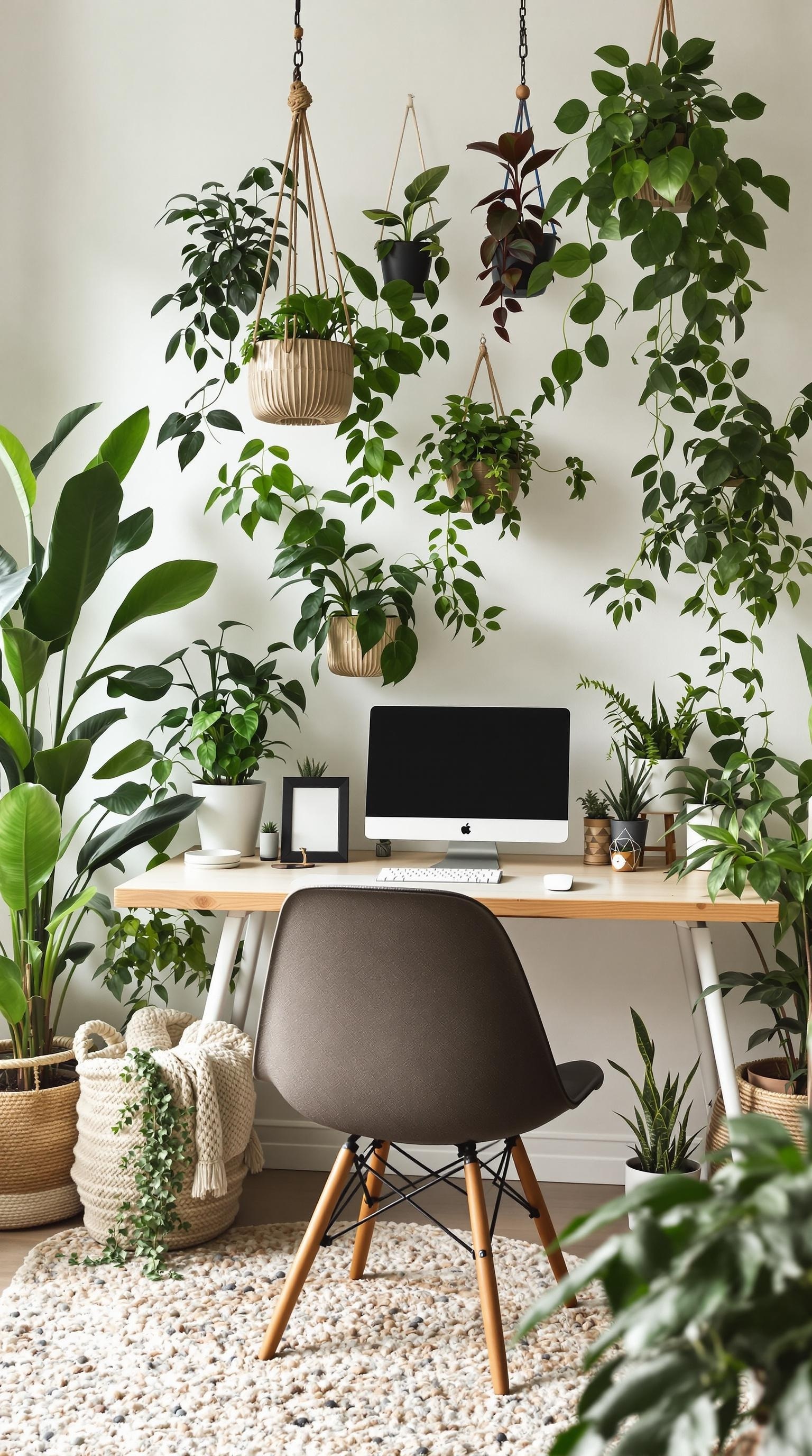A cozy boho office filled with various hanging and potted plants, showcasing a warm and inviting workspace.
