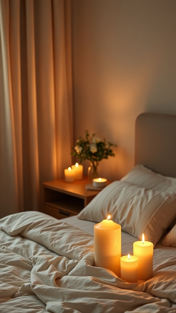A cozy bedroom with soft bedding and glowing scented candles on a nightstand.