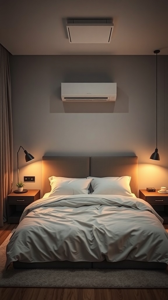 A cozy bedroom featuring a modern air conditioning unit, stylish bedside lamps, and a comfortable bed.