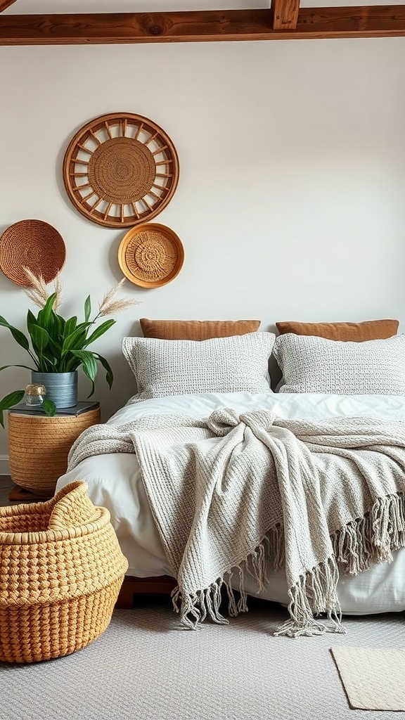 Cozy bedroom featuring textured elements like woven baskets, a soft blanket, and decorative wall hangings.