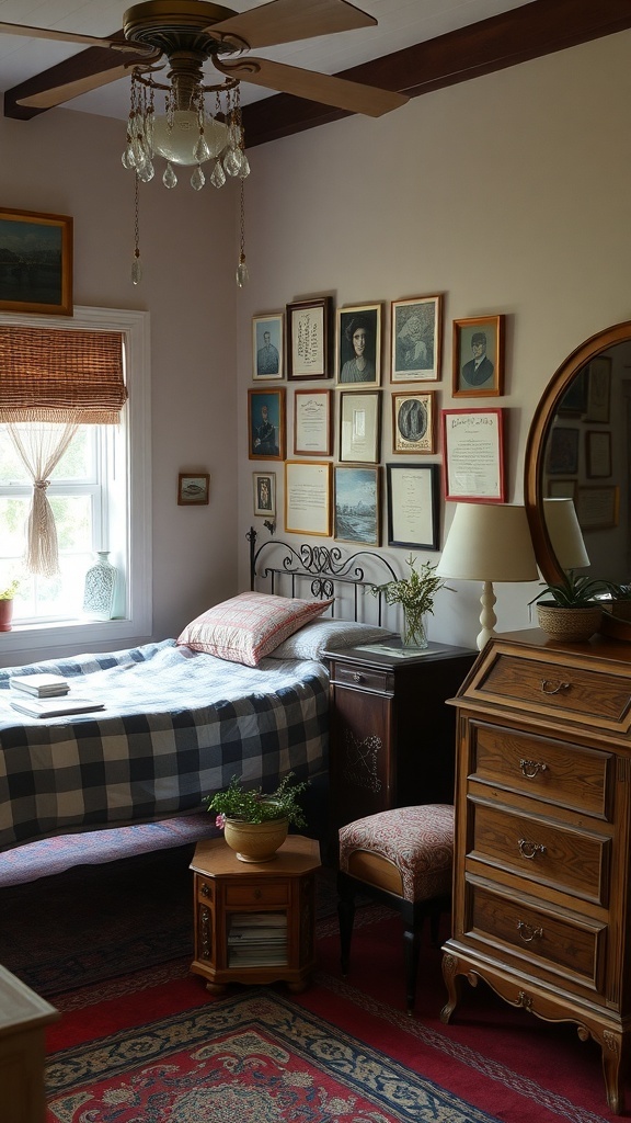 Cozy vintage bedroom with a checkered blanket, wooden furniture, and framed wall art.
