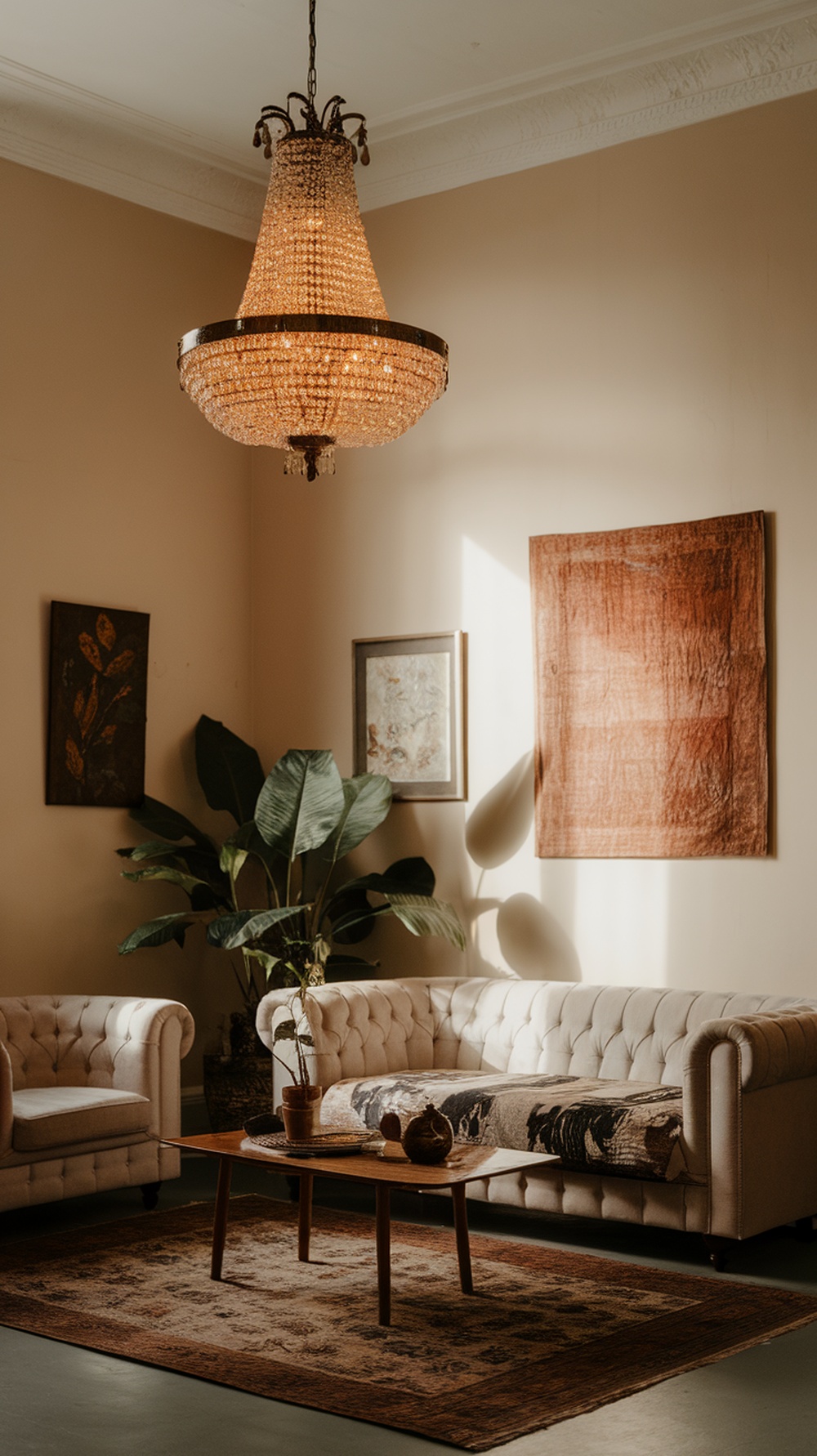 A vintage chandelier hanging in a cozy living room with neutral-toned furniture and decor.
