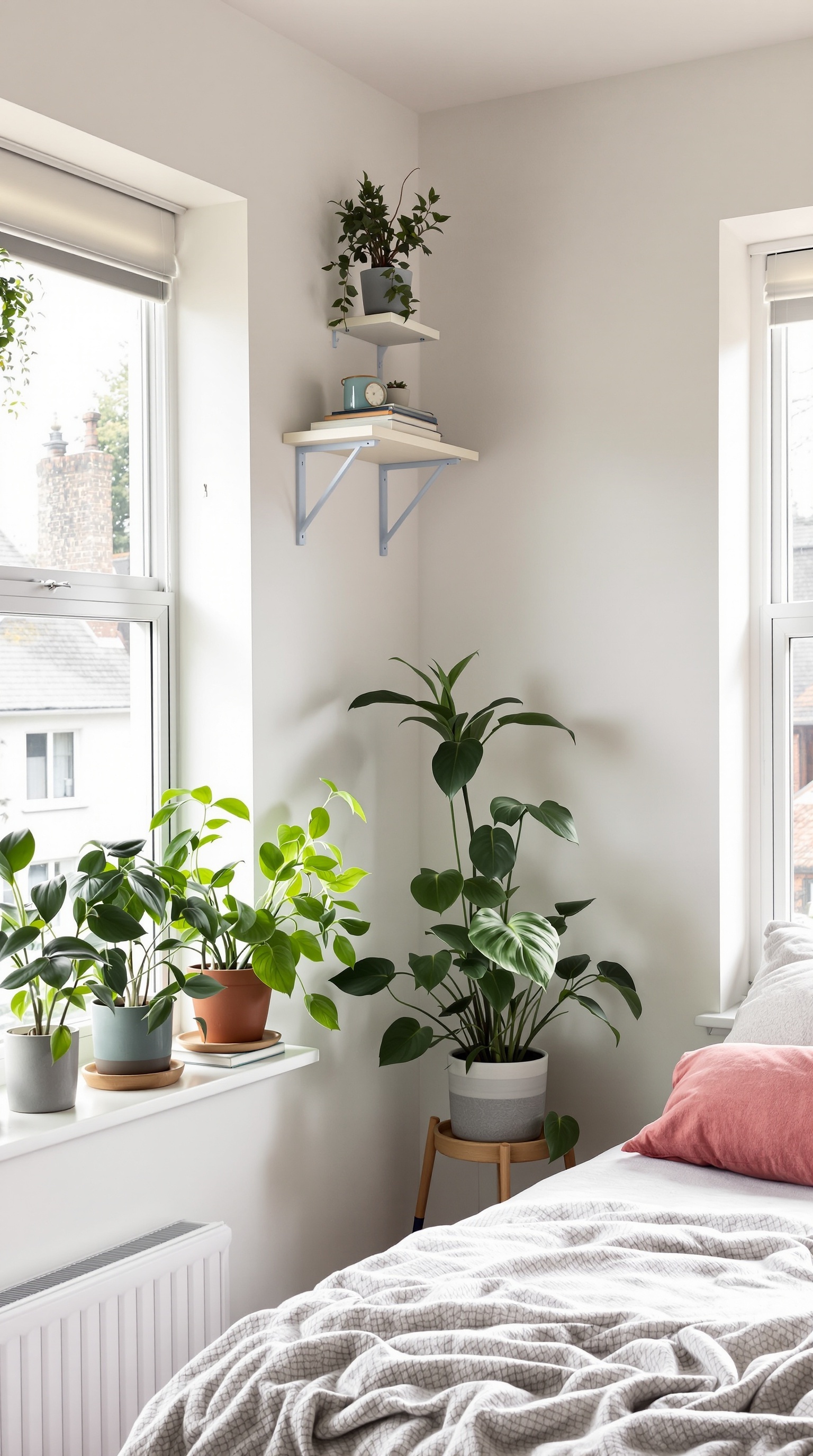 A cozy dorm room corner filled with various indoor plants by the window.