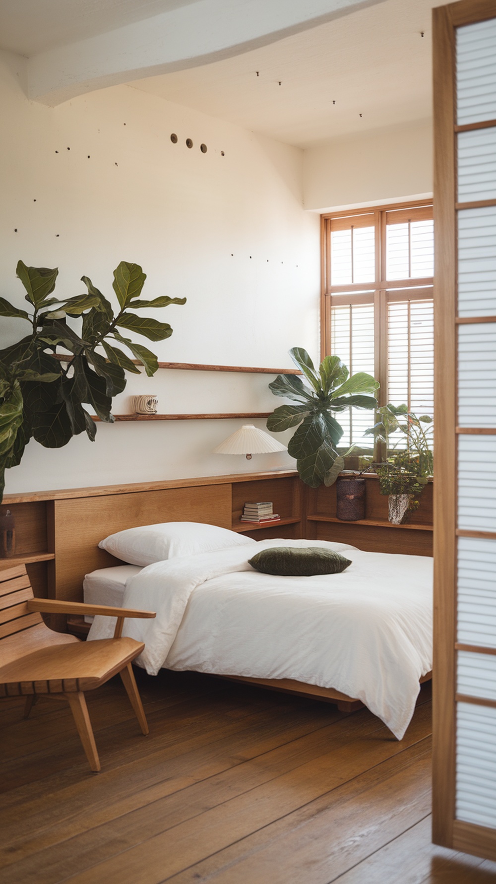 A minimal Japandi bedroom with indoor plants, featuring a bed, wooden furniture, and natural light.