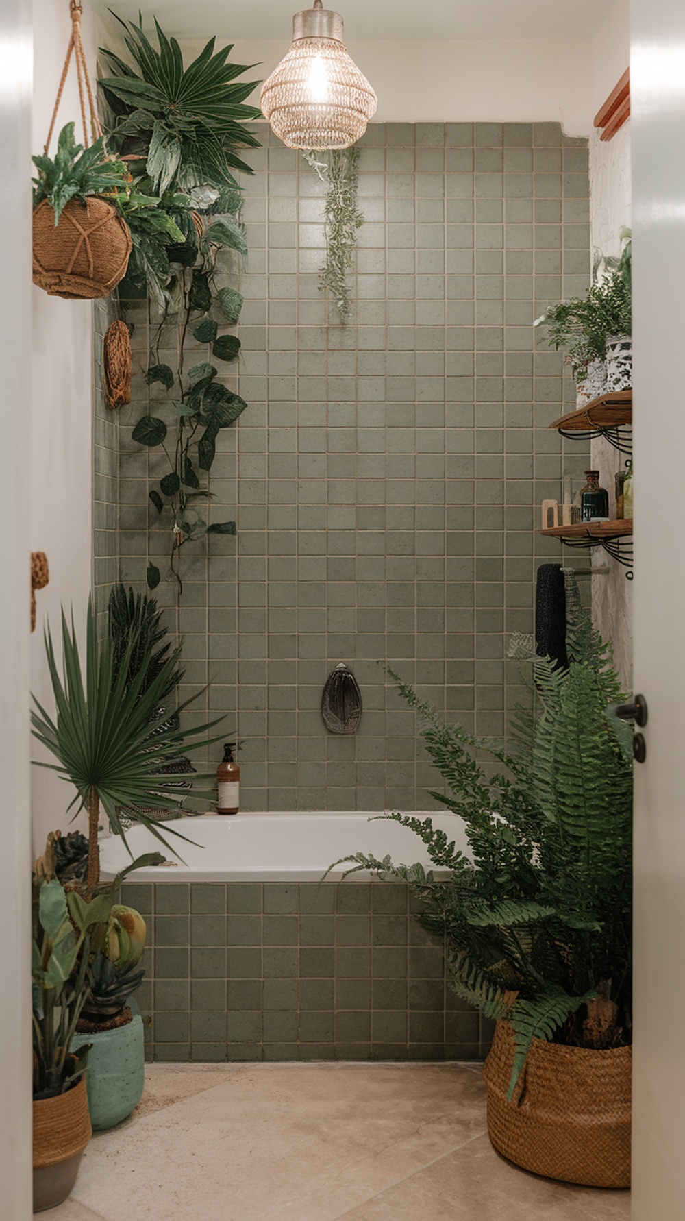 A stylish bathroom featuring various indoor plants, creating a fresh and inviting atmosphere.