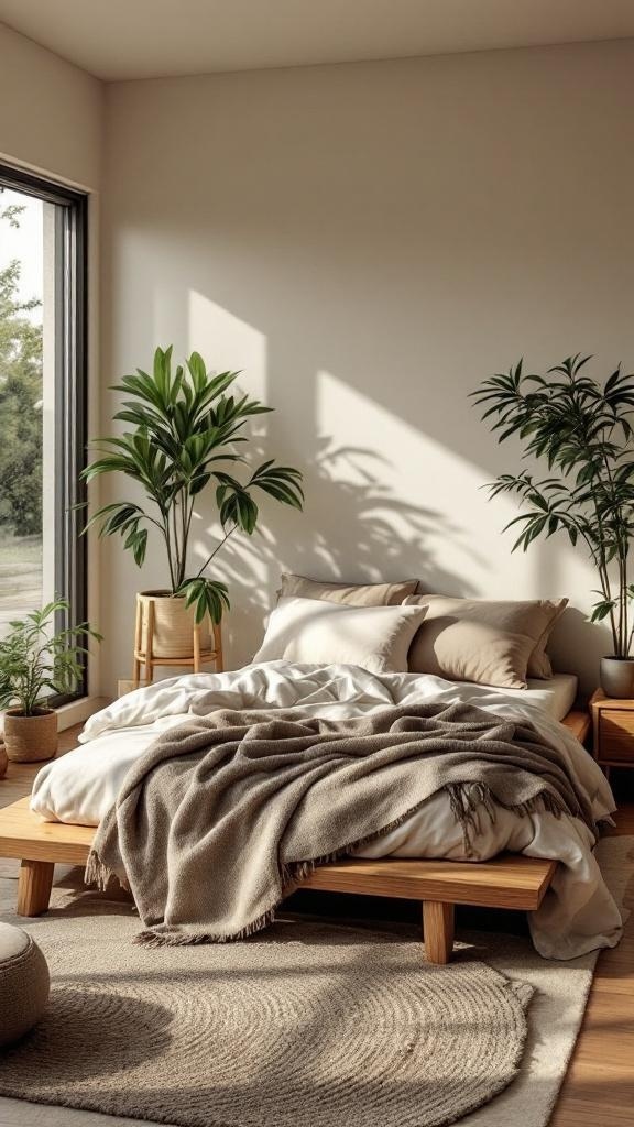 A serene bedroom with indoor plants, featuring a low bed and natural textures.