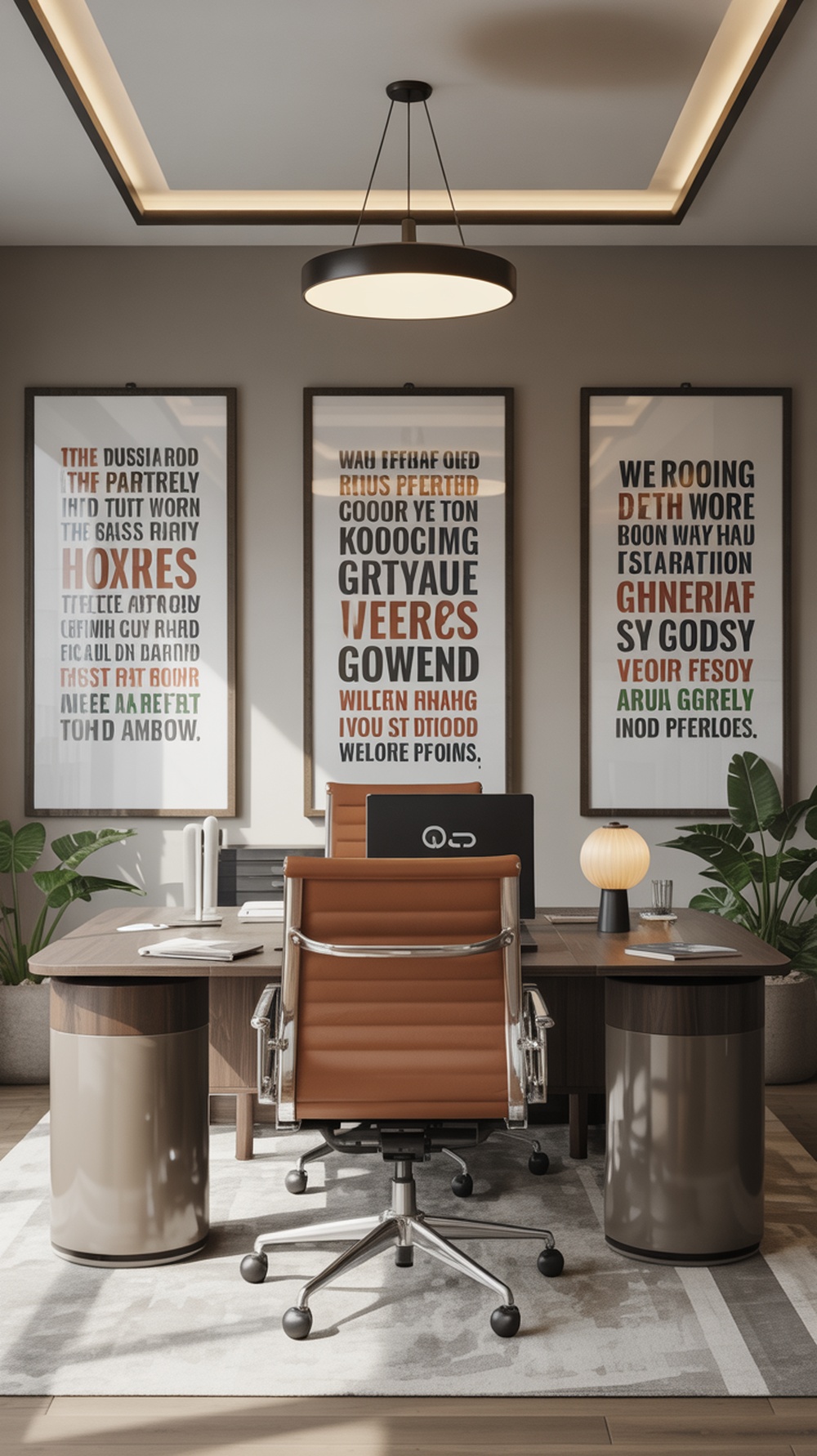 A modern workspace featuring framed inspirational quotes on the walls, plants, and bookshelves.