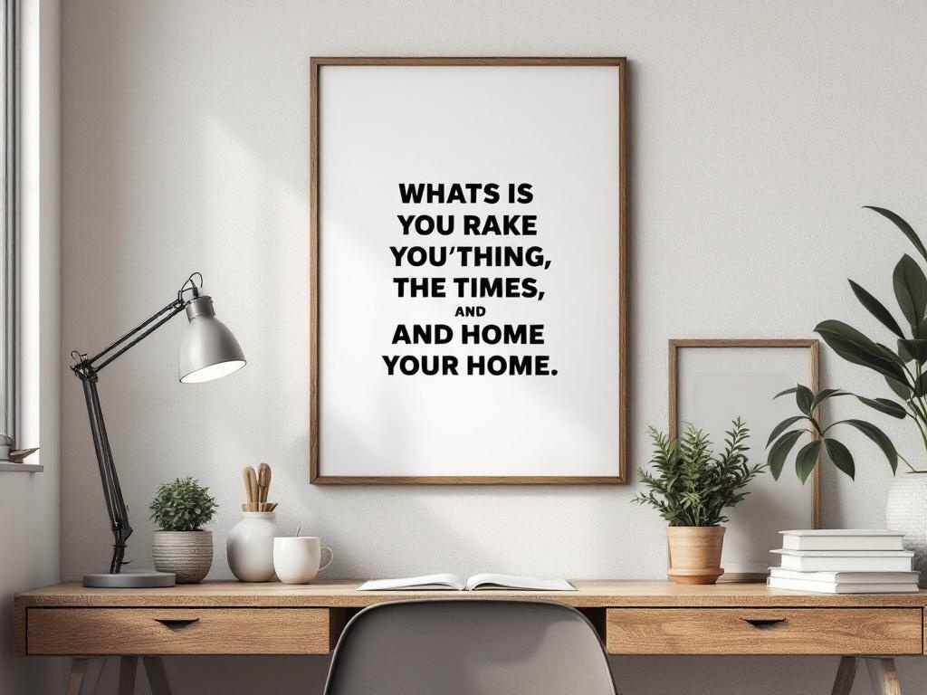 Inspirational wall art with bold text in a modern frame, displayed in a stylish workspace.