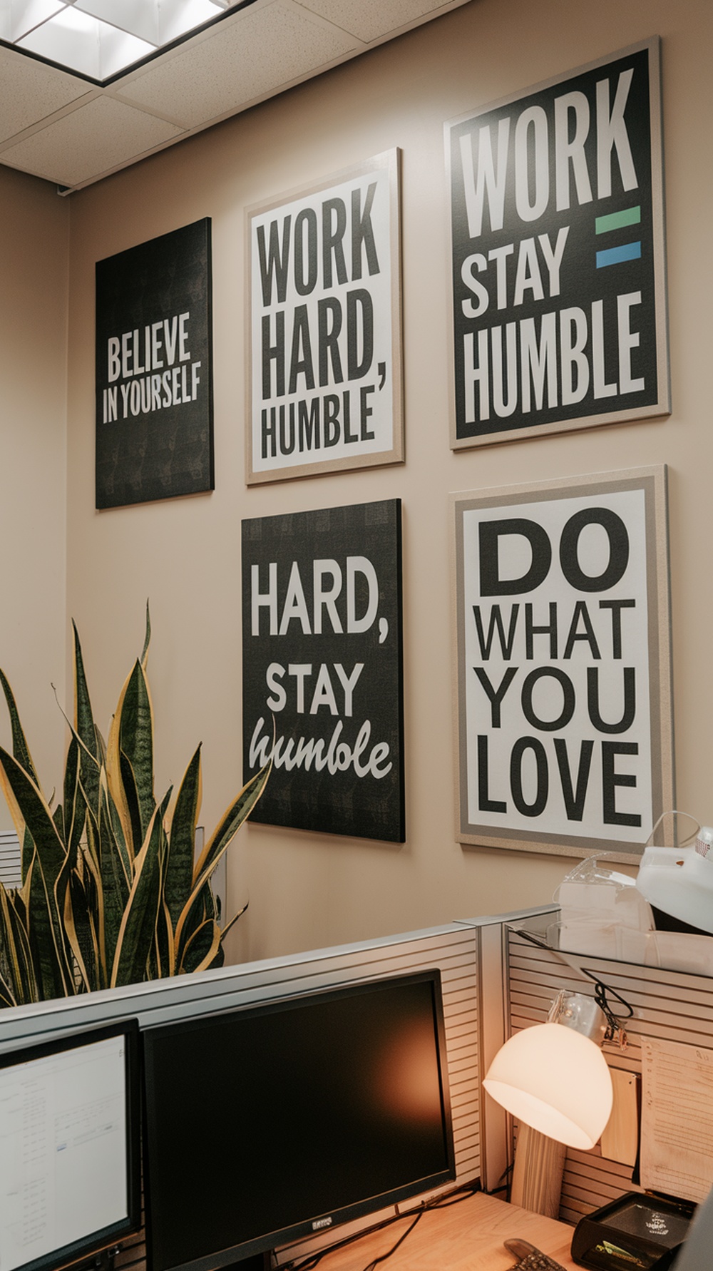 A collection of motivational wall art in a cubicle, featuring quotes like 'Believe in Yourself' and 'Do What You Love.'