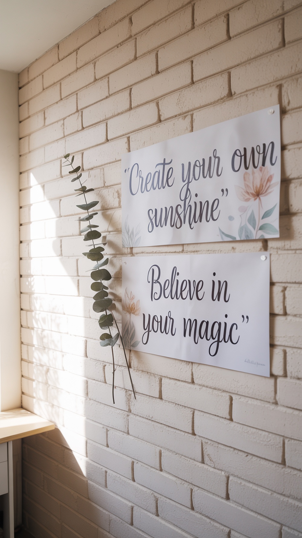 Wall with inspiring quotes and affirmations in a boho office setting.