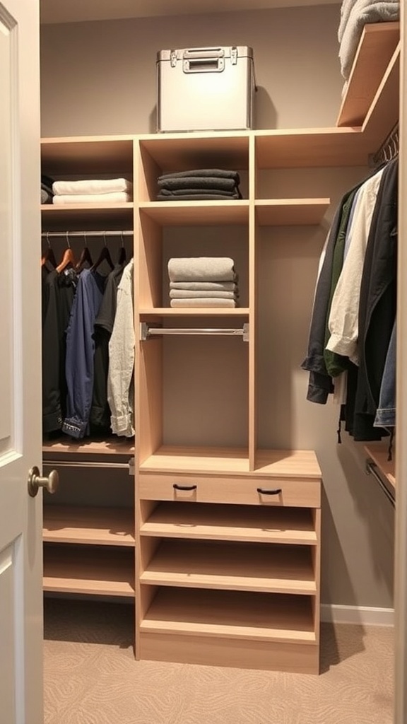 A neat closet with shelves and hanging space, showcasing a customizable closet system.
