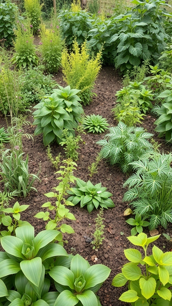 A diverse garden with various plants, showcasing a vibrant ecosystem ideal for fermentation crops.
