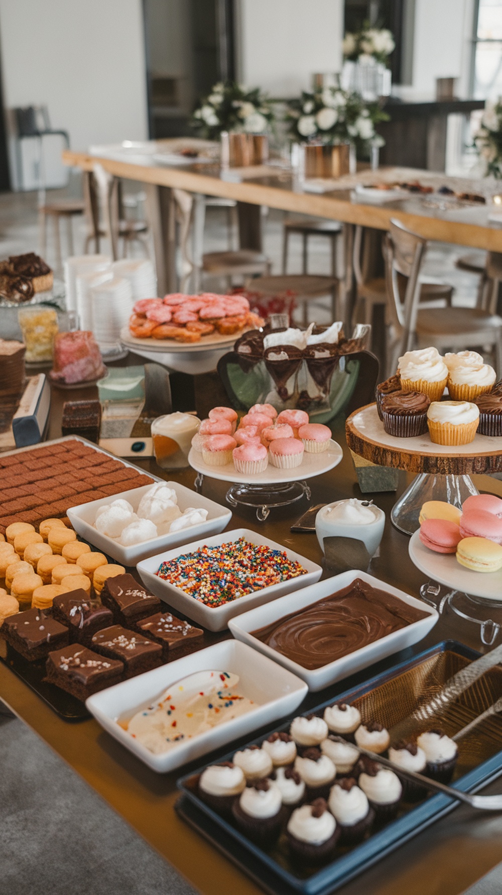 A variety of desserts displayed on a table, including cupcakes, brownies, and colorful sprinkles.