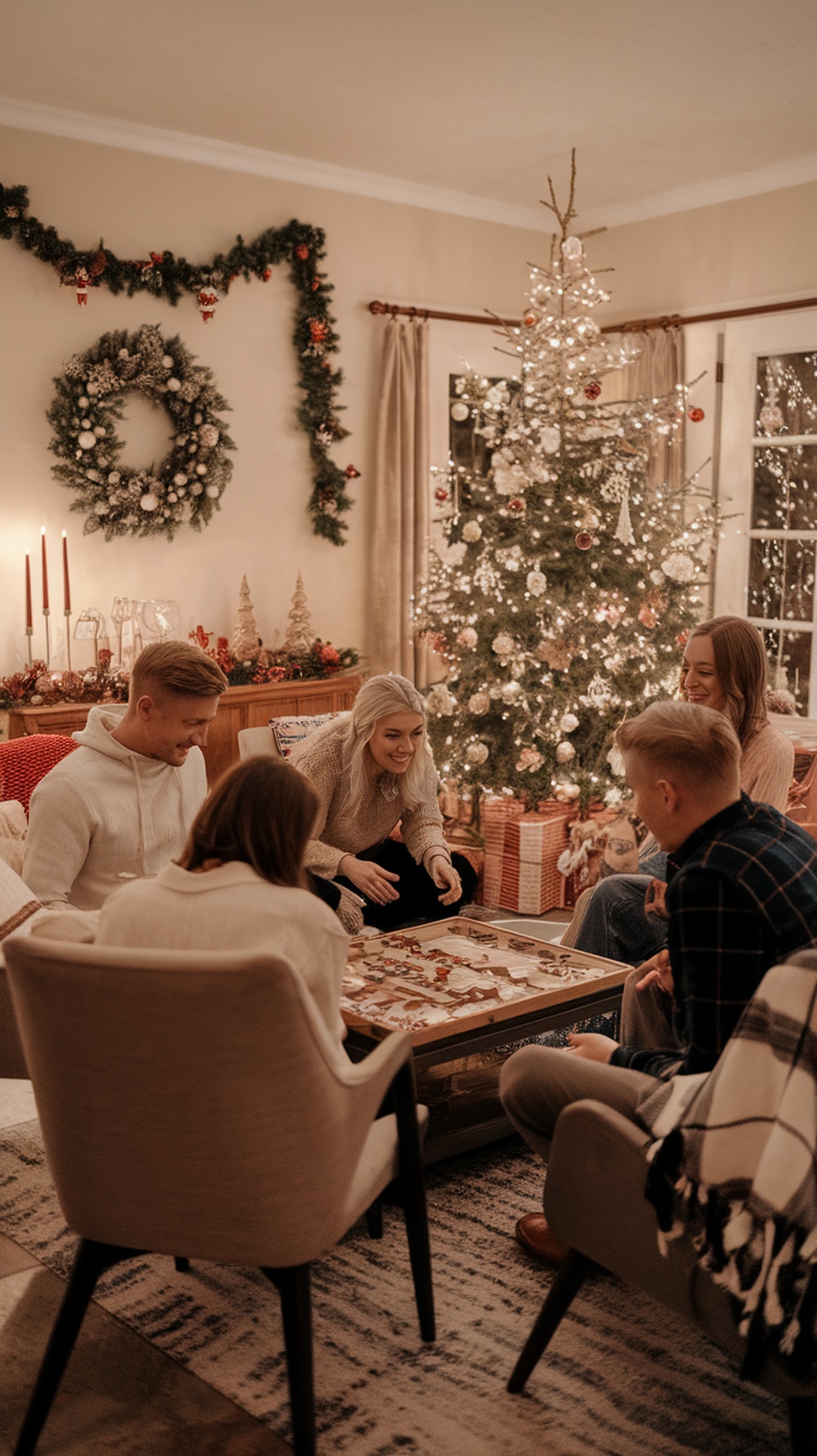 A cozy living room with a Christmas tree and family members playing a board game together.