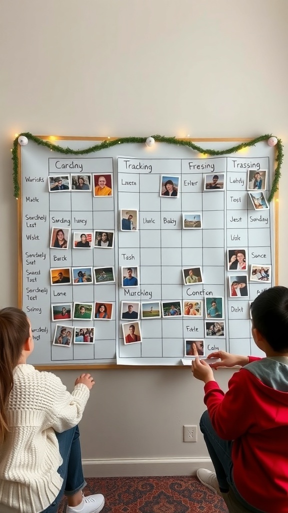 A gift tracking board with photos and names organized into categories, with two kids interacting with it.