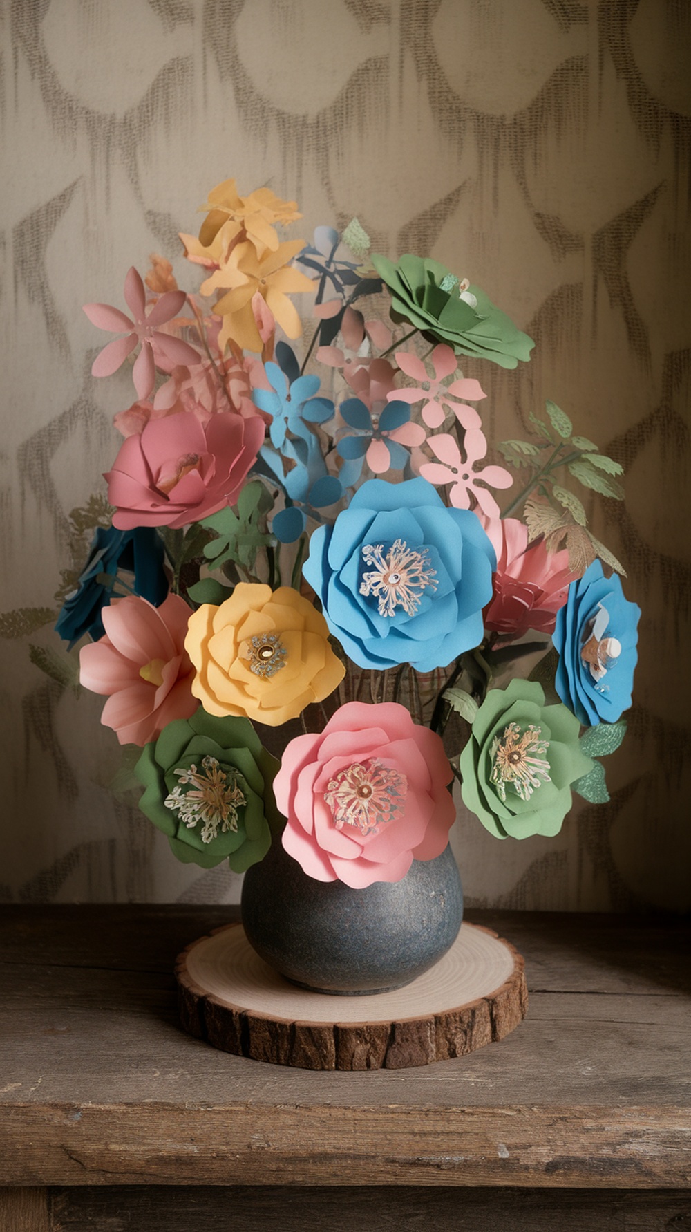 Colorful paper flowers arranged in a vase on a wooden table