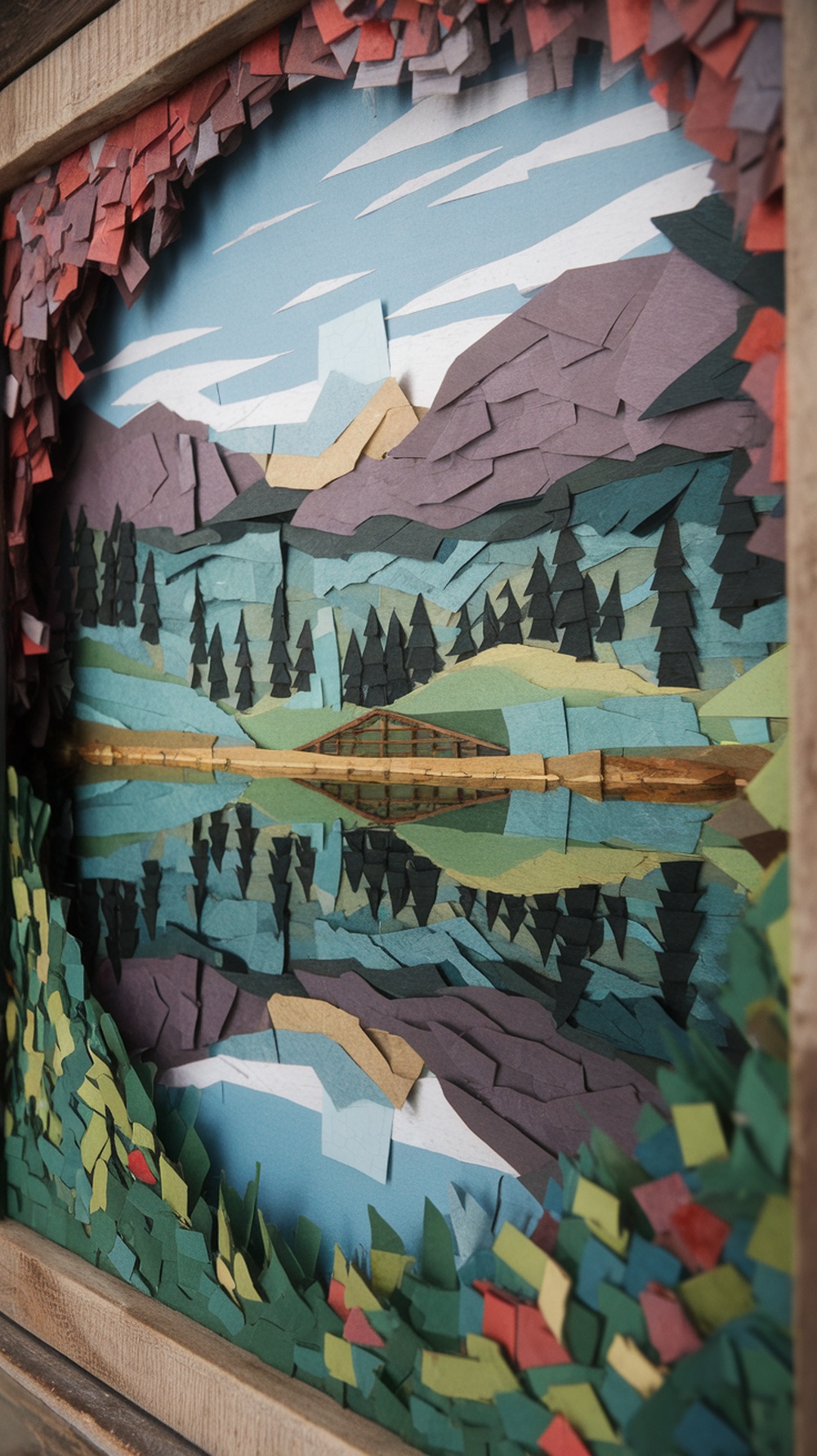 A colorful paper mosaic depicting a landscape with mountains, a lake, and trees.