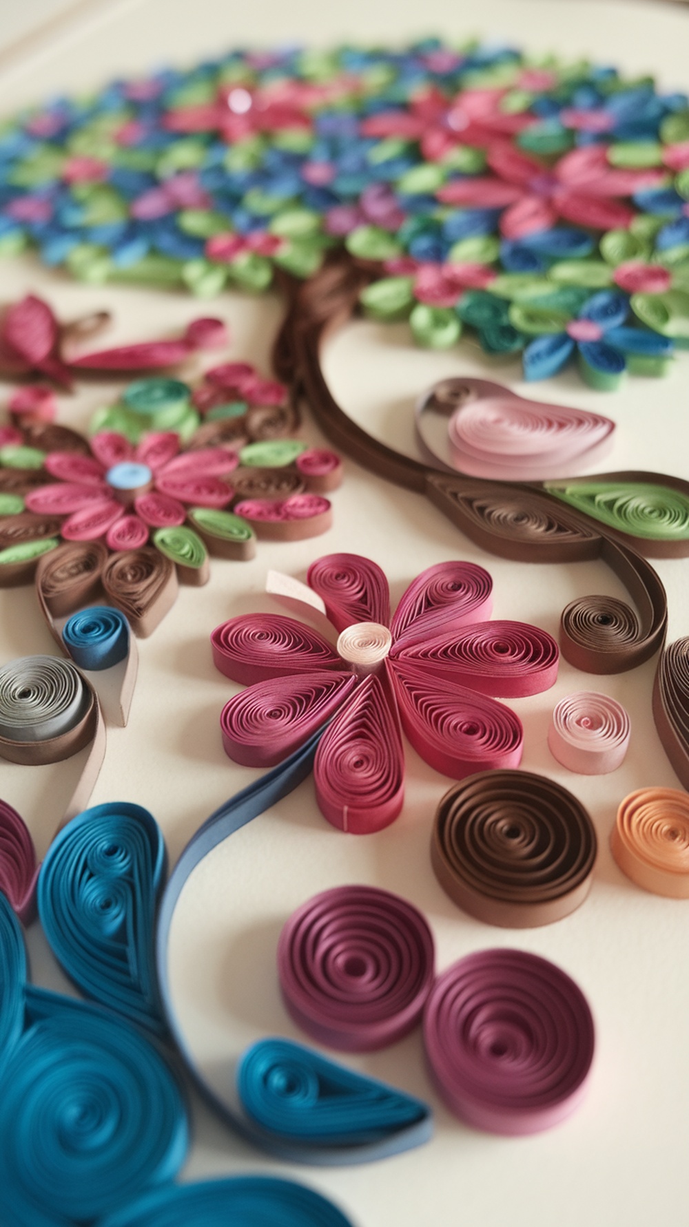 Colorful paper quilling design featuring a tree with flowers and a bird