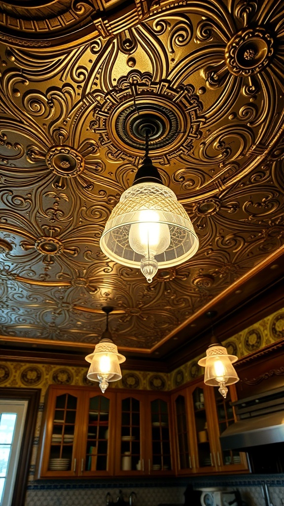 Intricate tin ceiling with decorative patterns and hanging light fixtures in a Victorian kitchen
