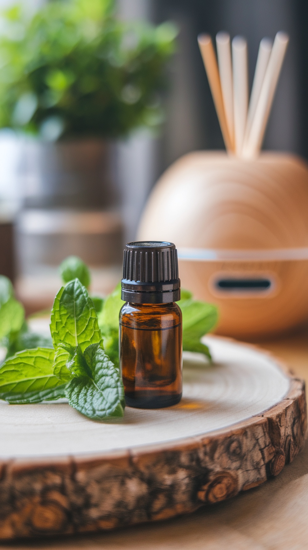 A bottle of mint essential oil next to fresh mint leaves on a wooden surface.