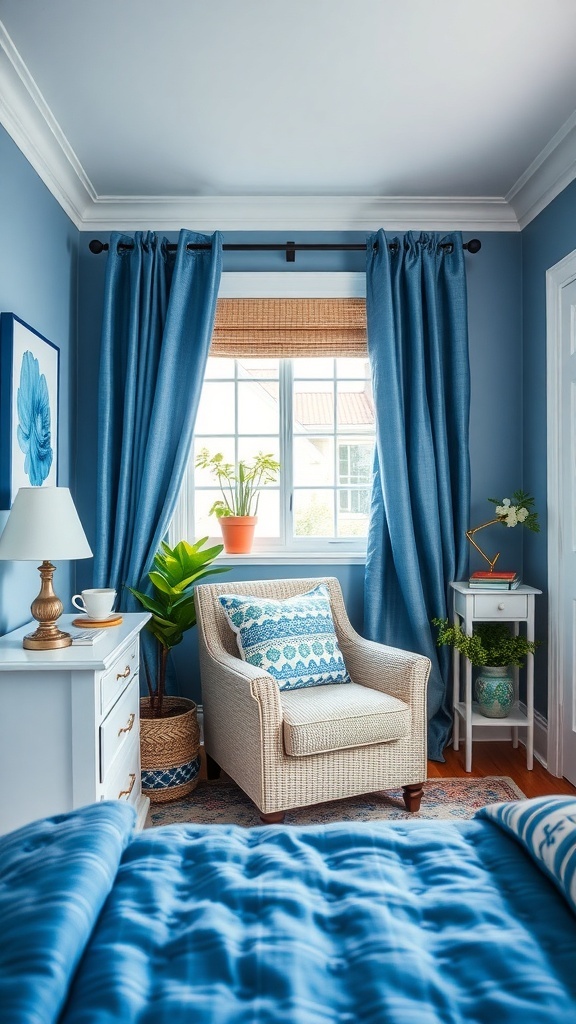 A cozy reading nook featuring blue curtains, a patterned armchair, a small side table with a lamp, and a framed picture on the wall.