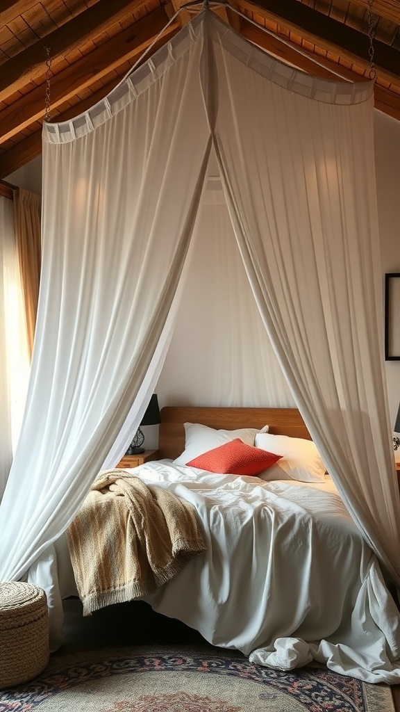 A cozy bedroom featuring a canopy bed with soft drapes, layered bedding, and warm lighting.