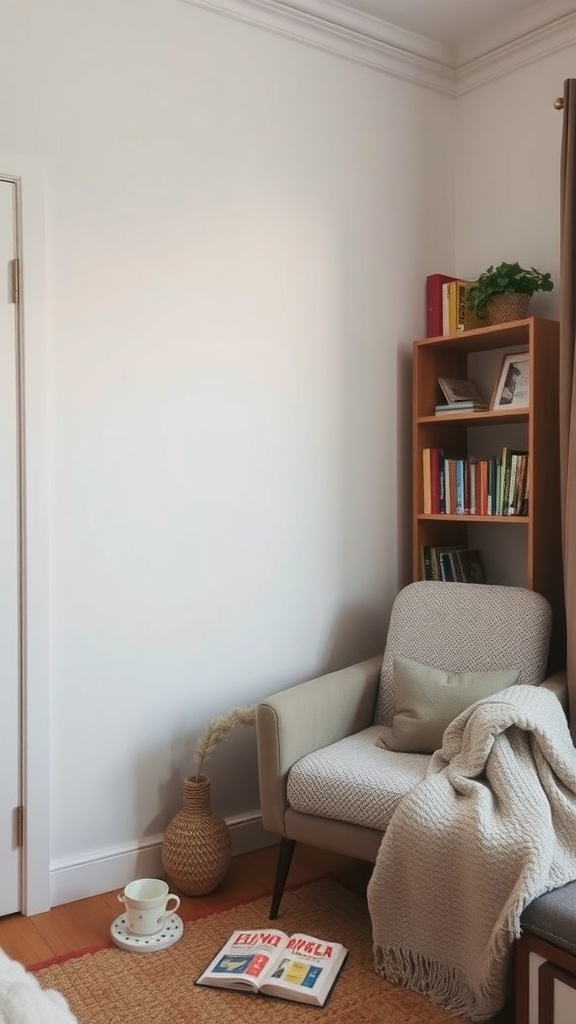 Cozy reading nook with an armchair, blanket, bookshelf, and a cup of tea.