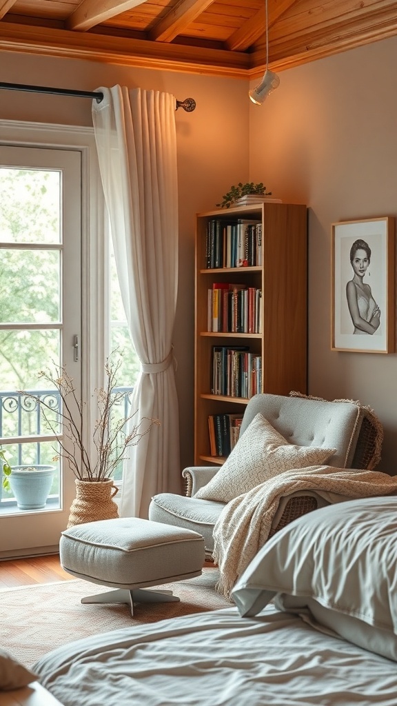 A cozy bedroom corner featuring a reading nook with a comfortable chair, ottoman, bookshelf, and soft curtains.