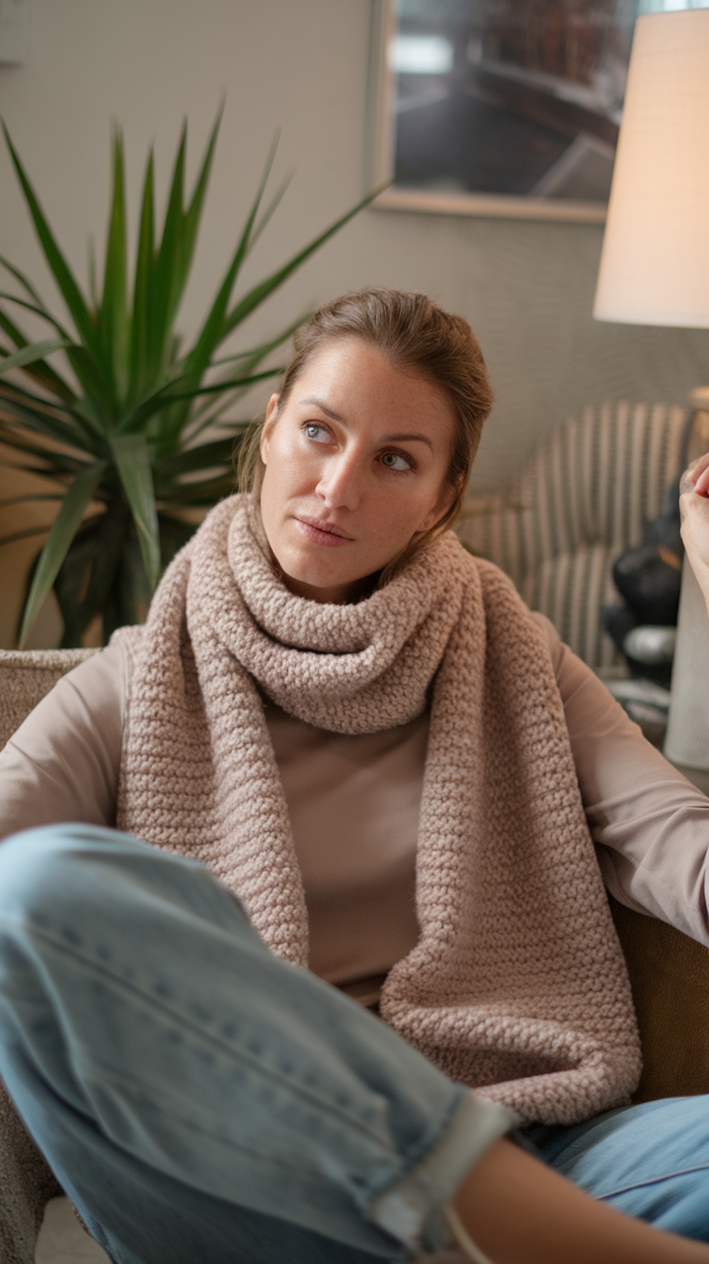 A cozy outfit featuring a knitted scarf draped over a relaxed top, set against a backdrop of bookshelves.