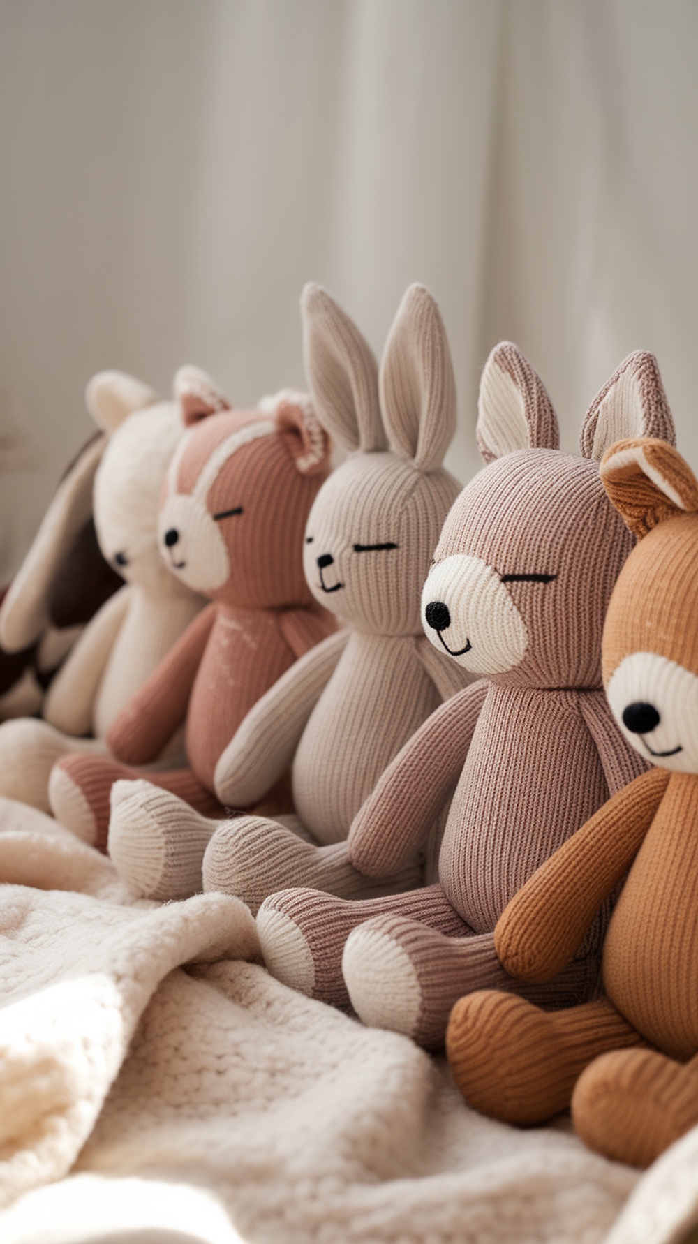 A lineup of knitted toys including bunnies and bears, all with soft colors and friendly expressions.
