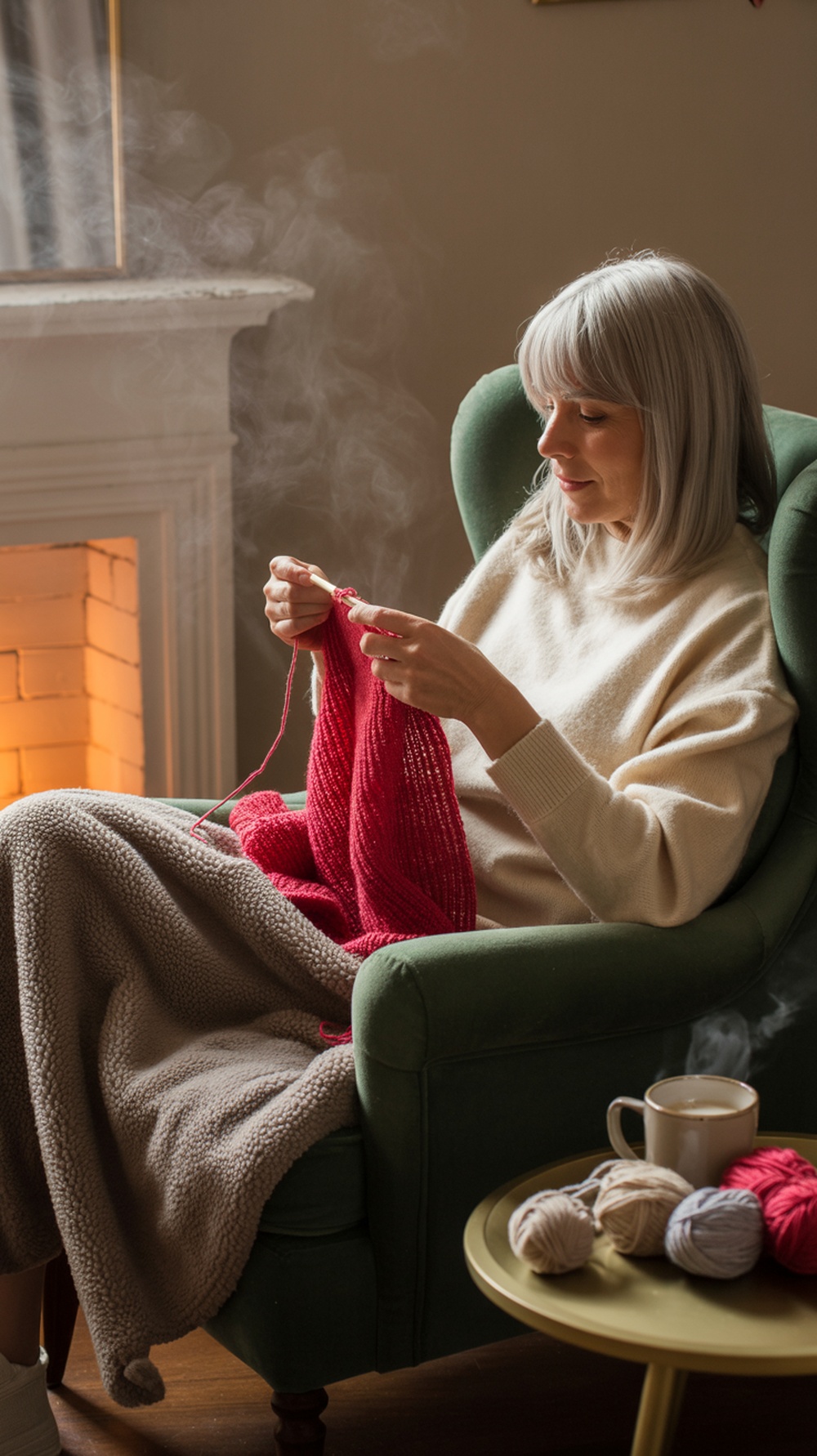 A person knitting in a cozy chair, wearing a sweater and hat, with a warm lamp illuminating the space.