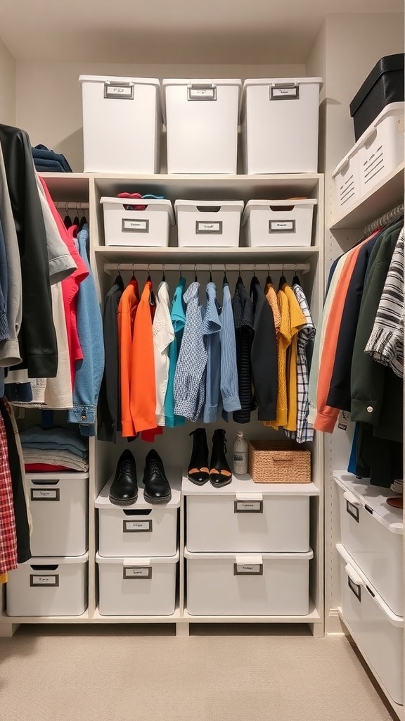 A neatly organized closet with labeled bins and boxes for easy access.