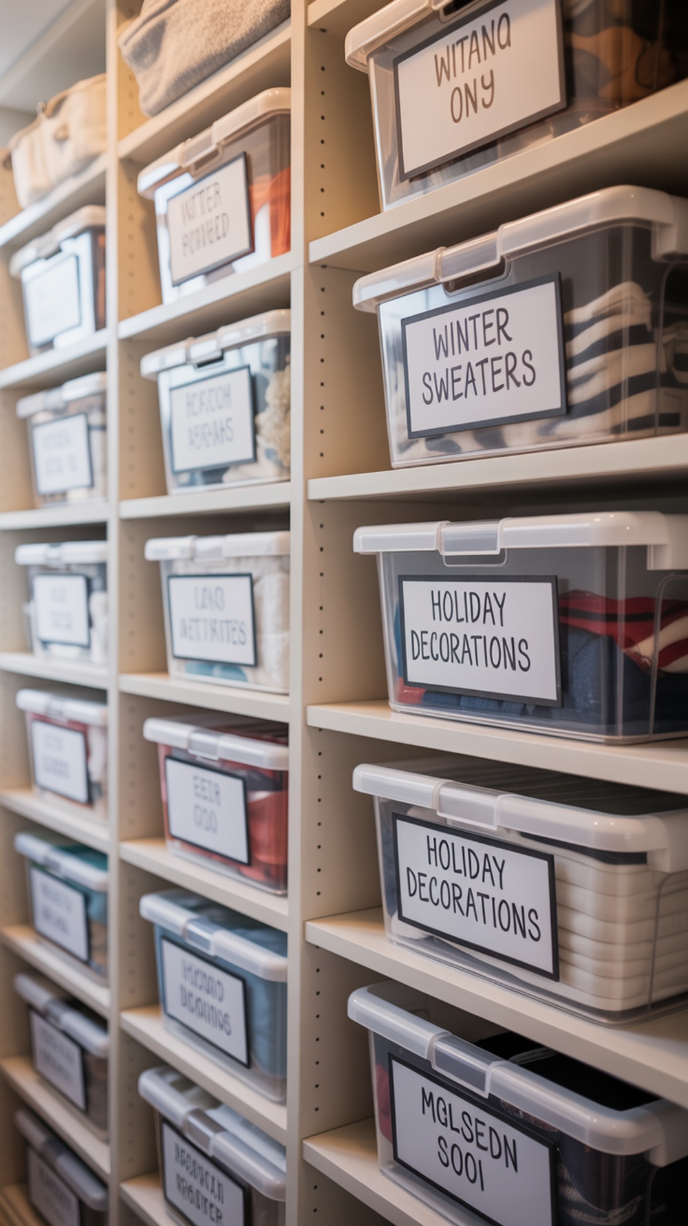 Organized storage bins with labels for quick identification.
