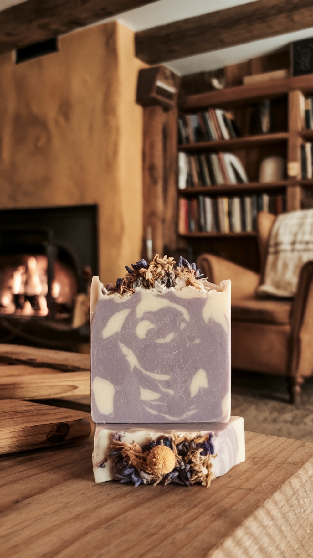 Lavender and chamomile soap bar with a cozy background