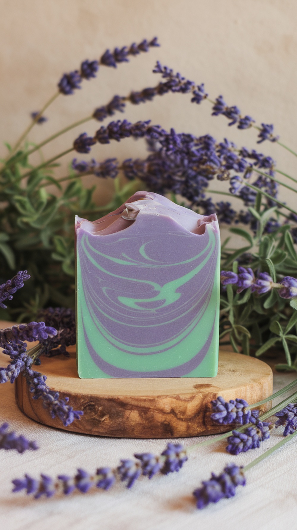 A bar of lavender and eucalyptus soap with purple and green swirls, surrounded by lavender flowers.