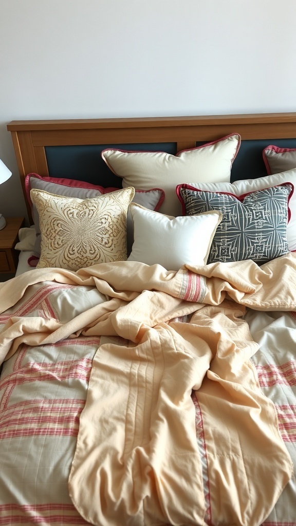 A cozy bed with layered bedding, featuring various pillows and a soft throw.